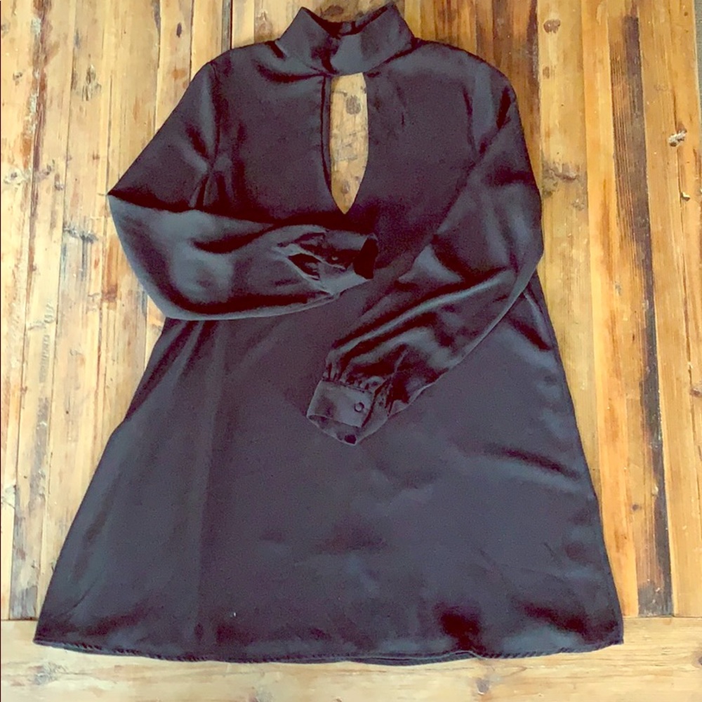 Black Mini Dress with Deep V and High Collar